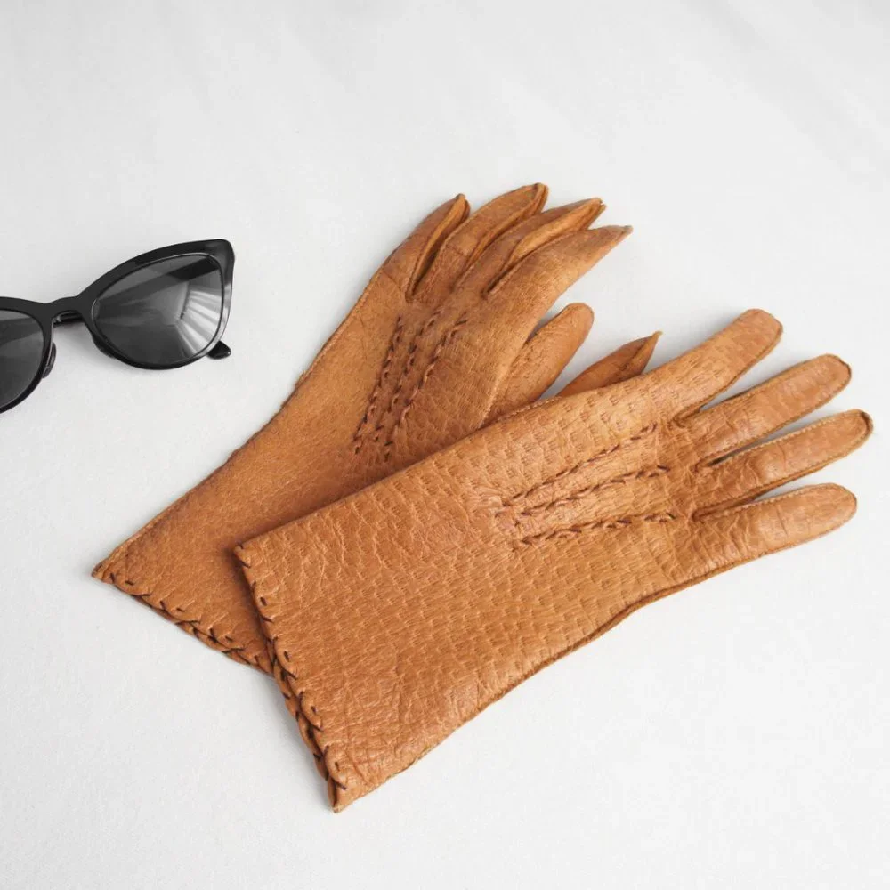 Vintage Cognac Tan Brown Leather Gloves Women's Size 6.5